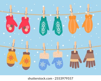 Cute knitted mittens and gloves hang on rope. Winter hands knitting clothes, cold season wool wears, funny patterned accessories, kids handmade cozy apparel, vector cartoon flat concept