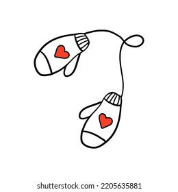 Cute knitted mittens with heart ornament. Doodle style vector illustration of winter accessories. 
