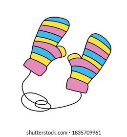 Cute knitted mittens isolated on a white background. Warm striped mittens for protection from the cold. Autumn and winter clothing. Vector illustration in Doodle style on a white isolated background.