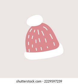 Cute knitted pink hat in hygge style. Scandinavian cozy element for print, textile, postcard or other design project. Vector