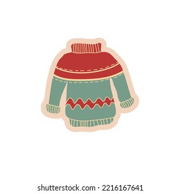 Cute knitted sweater. Cozy pullover, jersey, warm clothes. Hand drawn flat cartoon vector isolated illustration.