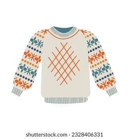 Cute knitted sweater. Hand drawn flat cartoon vector isolated illustration.Cozy pullover, jersey, warm clothes.