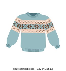 Cute knitted sweater. Hand drawn flat cartoon vector isolated illustration.Cozy pullover, jersey, warm clothes.