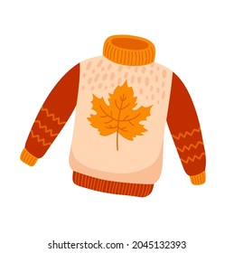 Cute knitted sweater with maple leaf. Cozy pullover, jersey, warm clothes. Hand drawn flat cartoon vector isolated illustration.