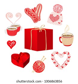Cute knitted things and gift boxes set for valentines or holidays card design: rectangular and heart shaped gift box, knit cap, mittens and snood scarf, cocoa or coffee cups with steam, yarn ball.