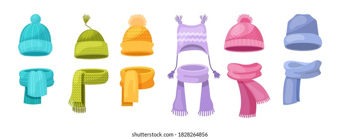 Cute knitted warm autumn and winter clothing. Warm kids girl hats and scarves. Headwear and accessories, children clothes accessory for cold weather cartoon vector