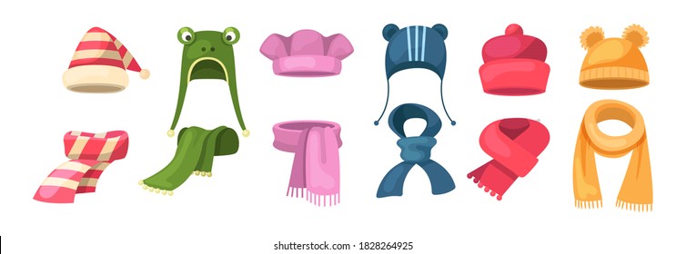 Cute knitted warm autumn and winter clothing. Warm kids boy hats and scarves. Headwear and accessories, children clothes accessory for cold weather cartoon vector
