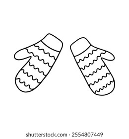 Cute knitted warm mittens. Winter accessory for hands. Black and white vector isolated illustration hand drawn doodle clip art. Winter vibe, Christmas and New Year time