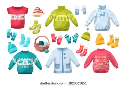 Cute knitted warm winter clothing. Wool knitting winter clothes hats, mittens, Christmas sweaters with festive winter year ornaments, cardigan, jumper, gloves, socks, couple of woolen threads vector