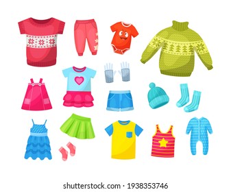 Cute knitted warm winter clothing and summer baby clothes. Christmas sweaters with festive winter year ornaments. Shorts, socks, sweater, hat, T-shirt, sarafans, dress, skirts, blouse cartoon vector