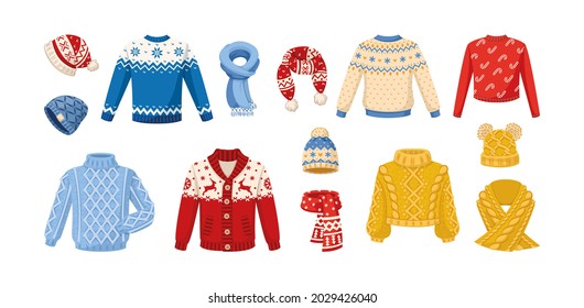 Ropa de invierno tibia de punto. Sombreros de ropa de invierno de punto de lana, mitones, sudaderas navideñas con adornos festivos de invierno, cardigan, saltador, guantes, medias, vectores de hilos de lana