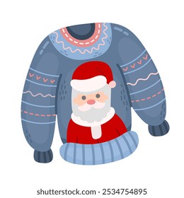 Cute knitted winter or holiday new year sweater with santa claus print on white background. Flat illustration