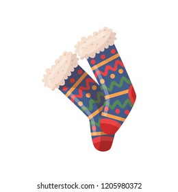 Cute knitted woolen socks with colorful pattern and white fur. Warm winter garment for the foot. Flat vector design