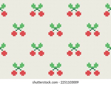 Cute knitting cherry samless pattern. Knit template. Vector illustration.