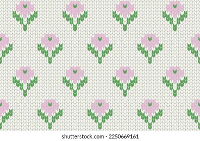 Cute knitting flowers samless pattern. Knit template. Vector illustration.