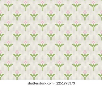 Cute knitting flowers samless pattern. Knit template. Vector illustration.