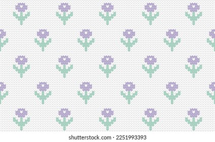 Cute knitting flowers samless pattern. Knit template. Vector illustration.