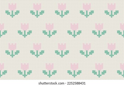 Cute knitting flowers samless pattern. Knit template. Vector illustration.