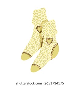 Cute knitting warm socks of soft yellow color with a heart. A pair of warm and cozy knitted socks. Vector hand-drawn flat cartoon illustration on a white background