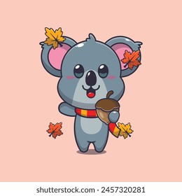 Cute koala with acorns at autumn season. Mascot cartoon vector illustration suitable for poster, brochure, web, mascot, sticker, logo and icon.