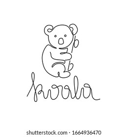 Cute koala animal, continuous line drawing, small tattoo, print for clothes and logo design, emblem or logo design, silhouette one single line on a white background, isolated vector illustration.