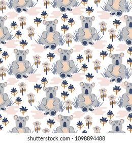 Cute koala animal seamless pattern vector for baby print fabric. Funny animal sitting on a meadow blue colors background.