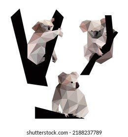 Cute Koala Animal Set in low poly polygonal. Koala Icon in abstract set. Vector Illustration of Koala collection