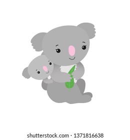 Cute koala animals mommy and baby. Little cub carried on mother`s back. Child and mom. Funny cartoon characters. Children logo design, sign, childish theme. Mother`s day. Isolated on white background.