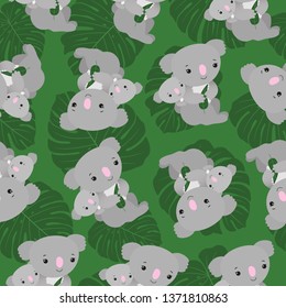 Cute koala animals seamless pattern. Little baby on mother`s back. Child and mom. Funny cartoon characters. Children surface design, textile fabric, paper print. Wallpaper, backdrop, green background.