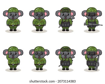 Cute Koala Army cartoon. Set of Animal soldiers. flat animal cartoon character design. Soldiers Isolated vector illustration.