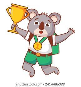 Cute koala athlete holding award sport cup.Happy kid koala bear win game trophy.Animal champion competition winner.Animal koala sport winner gold medal and cup.Little kid holding trophy.