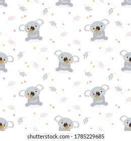 Cute koala in autumn leaves seamless pattern