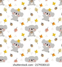 Cute Koala and Autumn Leaves Seamless Pattern