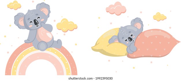 Cute koala. Baby animal concept illustration for nursery, character for children. Set of vector illustrations for nursery. Poster for children's room, greeting card, children's clothing