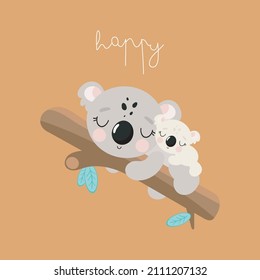 Cute Koala with baby in cartoon style. Vector illustration. For kids stuff, card, posters, banners, children books, printing on the pack, printing on clothes, fabric, wallpaper, textile or dishes.