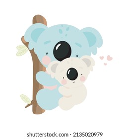 Cute Koala with baby. Cartoon style. Vector illustration. For kids stuff, card, posters, banners, children books, printing on the pack, printing on clothes, fabric, wallpaper, textile or dishes.