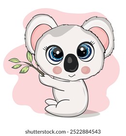 Lindo bebé koala aislado sobre fondo blanco. Divertidos animales australianos. Tarjeta, postales para niños. Pequeño niño oso sonriendo. Ilustración vectorial plana para el Anuncio, tarjeta, Fondo de pantalla, cartel.