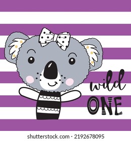 Cute koala baby on striped background vector illustration. Koala cartoon animal.