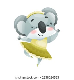 Cute koala ballerina in green tutu dress. Funny baby animal dancing cartoon vector illustration