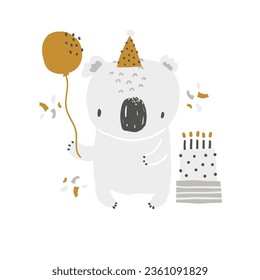 Cute koala con un globo con sombrero festivo, pastel con velas en un fondo blanco. Animales africanos. Ilustración vectorial para los niños. Invitación, postal para el cumpleaños de los niños, fiesta, ducha de bebé.