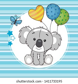 cute koala with balloons and blue background