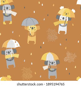 Cute Koala bear animal with kawaii umbrella vector seamless pattern. Rainy weather graphics for Scandinavian childish nursery design.