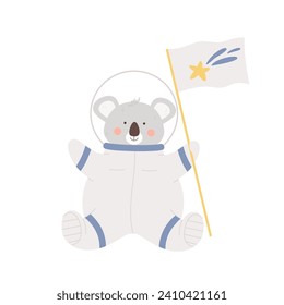 Cute koala bear astronaut. Adorable animal exploring space, cosmonaut equipment cartoon vector illustration