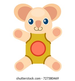 Cute koala bear with blue eyes and big ears in beige rompers with red circle isolated vector illustration on white background.