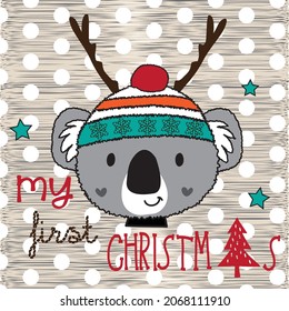 Cute koala bear in cap with deer antlers vector illustration. My first Christmas with koala bear. 