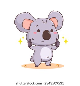 Cute koala bear cartoon character showing thumbs up. Adorable kawaii animal vector illustration. Isolated white background. 