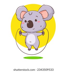 Cute koala bear cartoon character jumping rope. Adorable kawaii animal vector illustration. Isolated white background. 