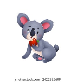 Cute koala bear cartoon character eating apple. Koala comical mascot, zoo animal childish character or Australia jungle bear cute isolated vector personage biting fresh red apple