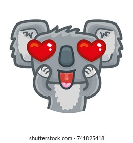 Cute Koala bear character: in love emotion with hearts as eyes. Set of vector outline hand drawn style, doodle cartoon illustration as logo, mascot, sticker, emoji, emoticon