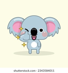 Carácter lindo del oso Koala mostrando el pulgar hacia arriba, como señal, feliz, buen humor emotivo. Ilustración vectorial al estilo de las caricaturas kawaii.